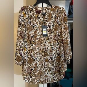 NWT Medium Jones New York Women’s Brown Floral long sleeve Blouse